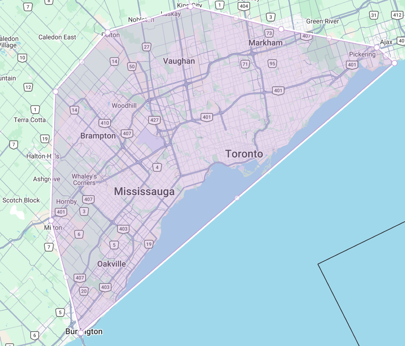 Serviceable dumpster rental area map covering Mississauga, Brampton, Toronto, Vaughan, Markham, Pickering, Oakville, Milton, and Burlington.